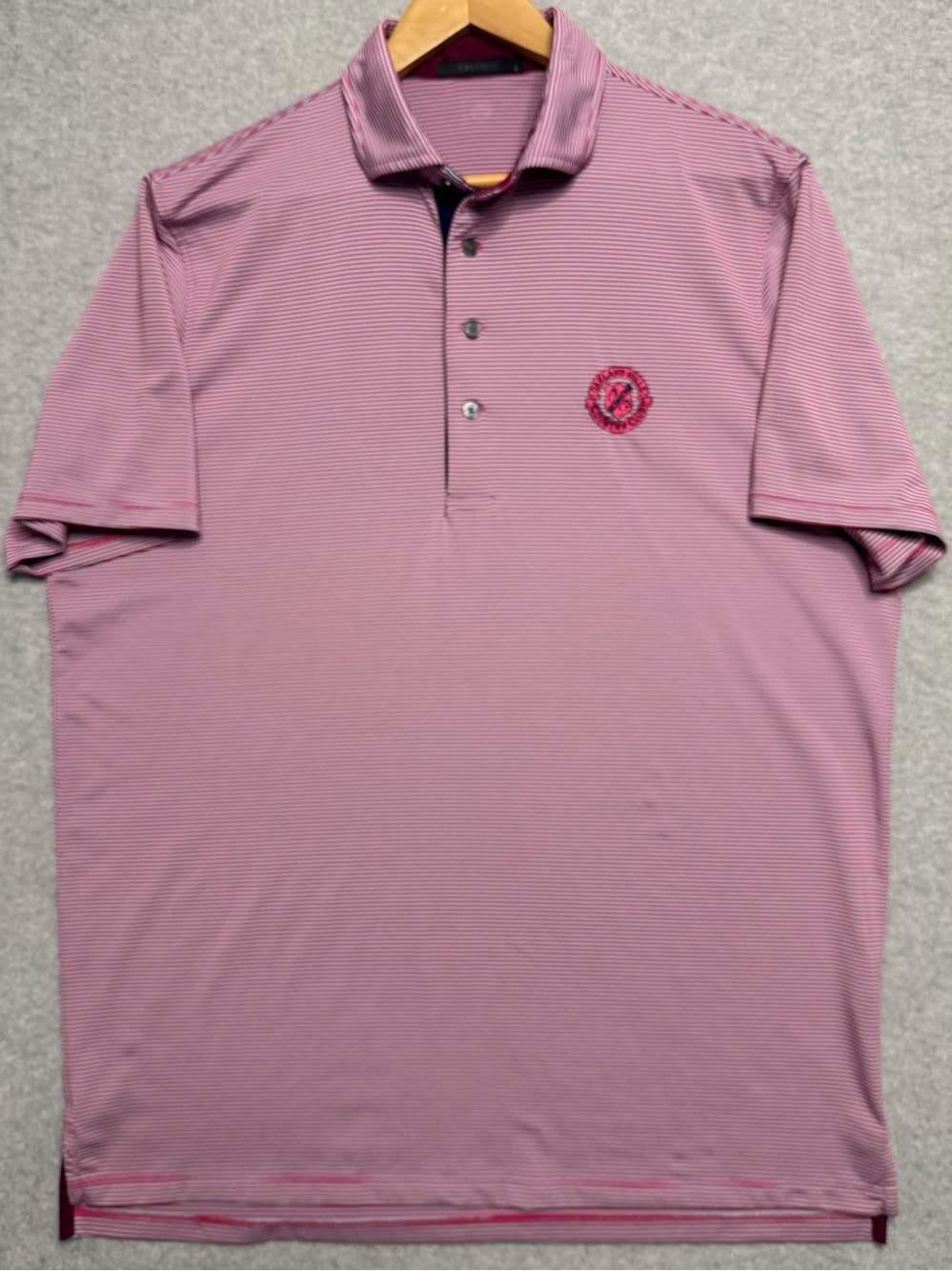Greyson Mens L Oakland Hills Country Club Golf Polo Pink Stripe Performance